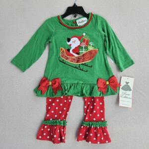 Rare Editions Santa Sleigh Green 2 Piece Tunic Legging Set Christmas 2T Holiday